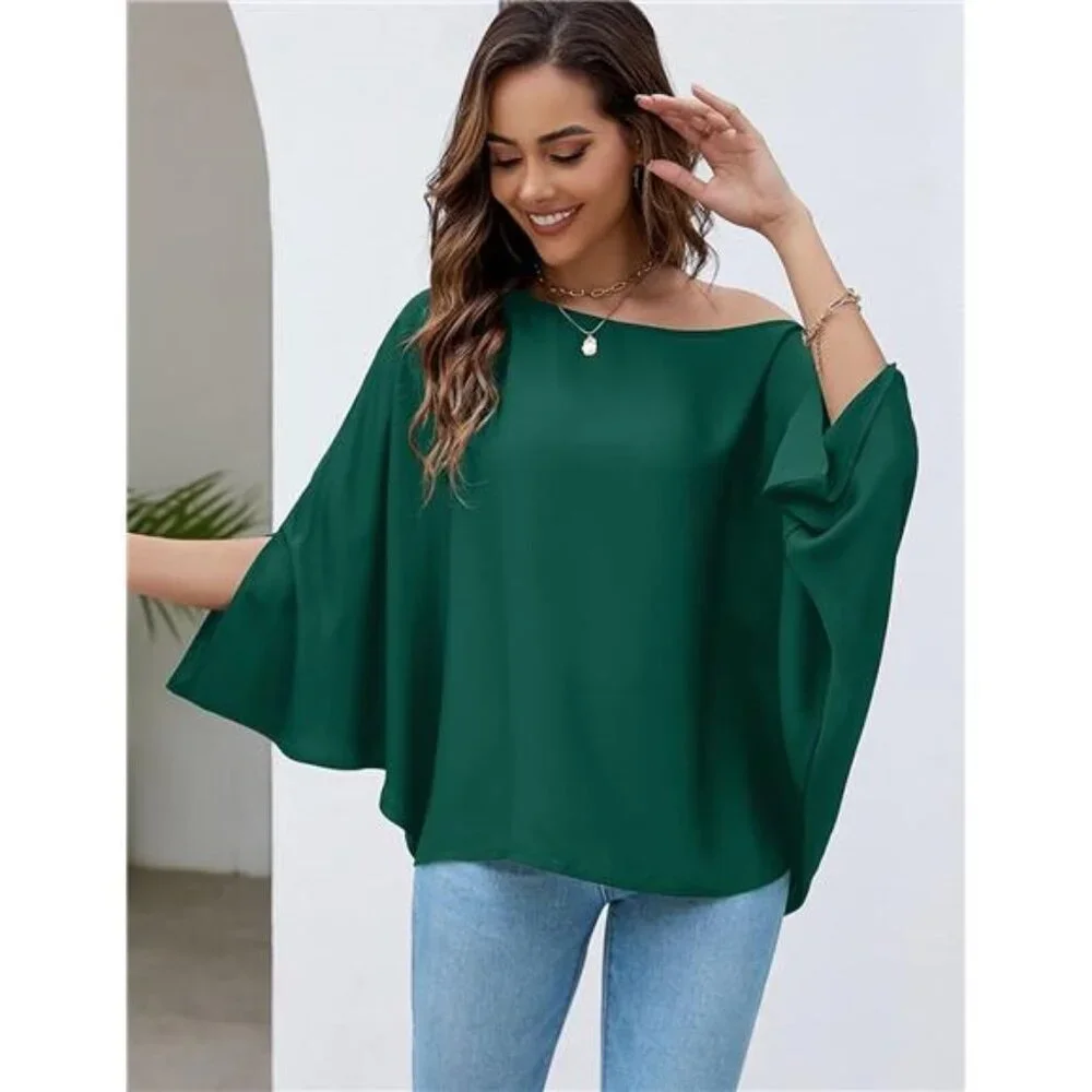 Off Shoulder Flowy Top Casual Batwing Sleeve Blouse Loose Chiffon Shirt Women - Picture 4 of 6